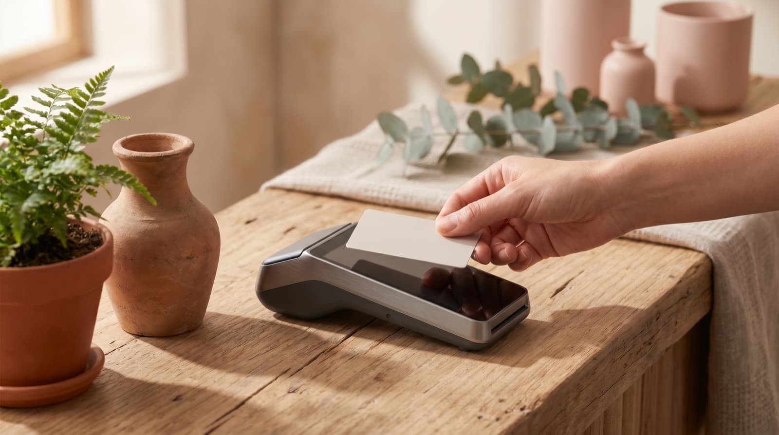Fern & Soul HICAPS massage claims in Innaloo — a health-fund card tapping an EFTPOS terminal on the studio's timber reception counter, claiming a remedial massage rebate on the spot.