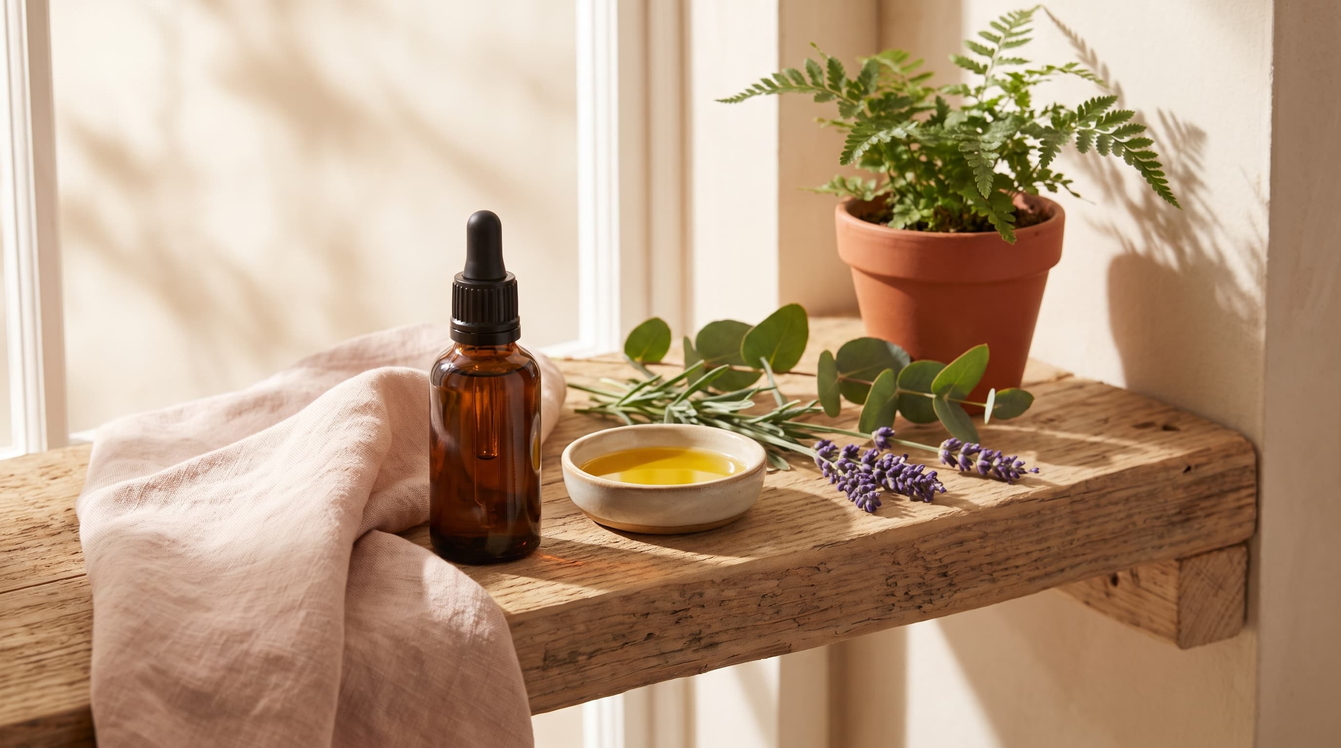 Small amber dropper bottle and a dish of carrier oil beside fresh eucalyptus and lavender sprigs on a raw timber clinic shelf.