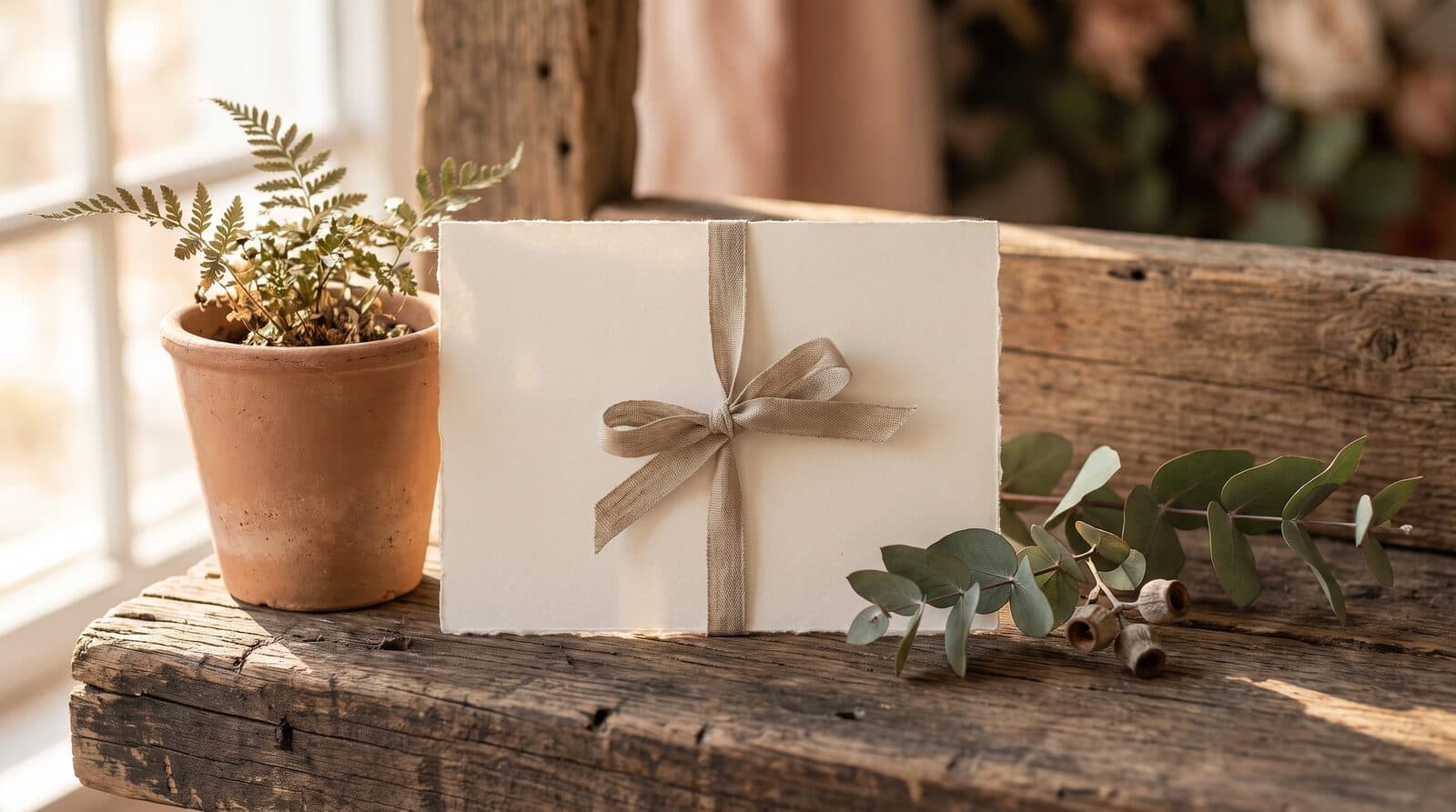 Fern & Soul Father's Day massage gift voucher in Innaloo, a blank cream card tied with linen ribbon on raw timber beside eucalyptus.