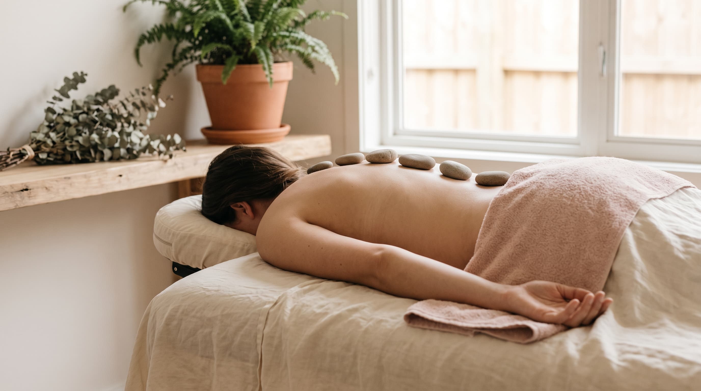 Fern & Soul hot stone relaxation massage in Innaloo — smooth warmed stones resting along a relaxed client's back on cream linen.