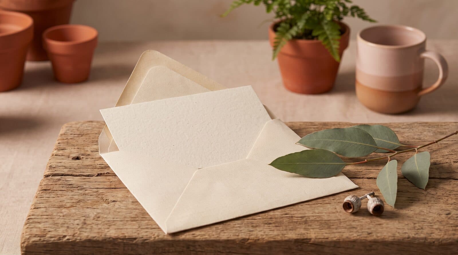 Fern & Soul last-minute Father's Day massage voucher in Innaloo, a blank cream card tucked into a linen envelope on warm timber.