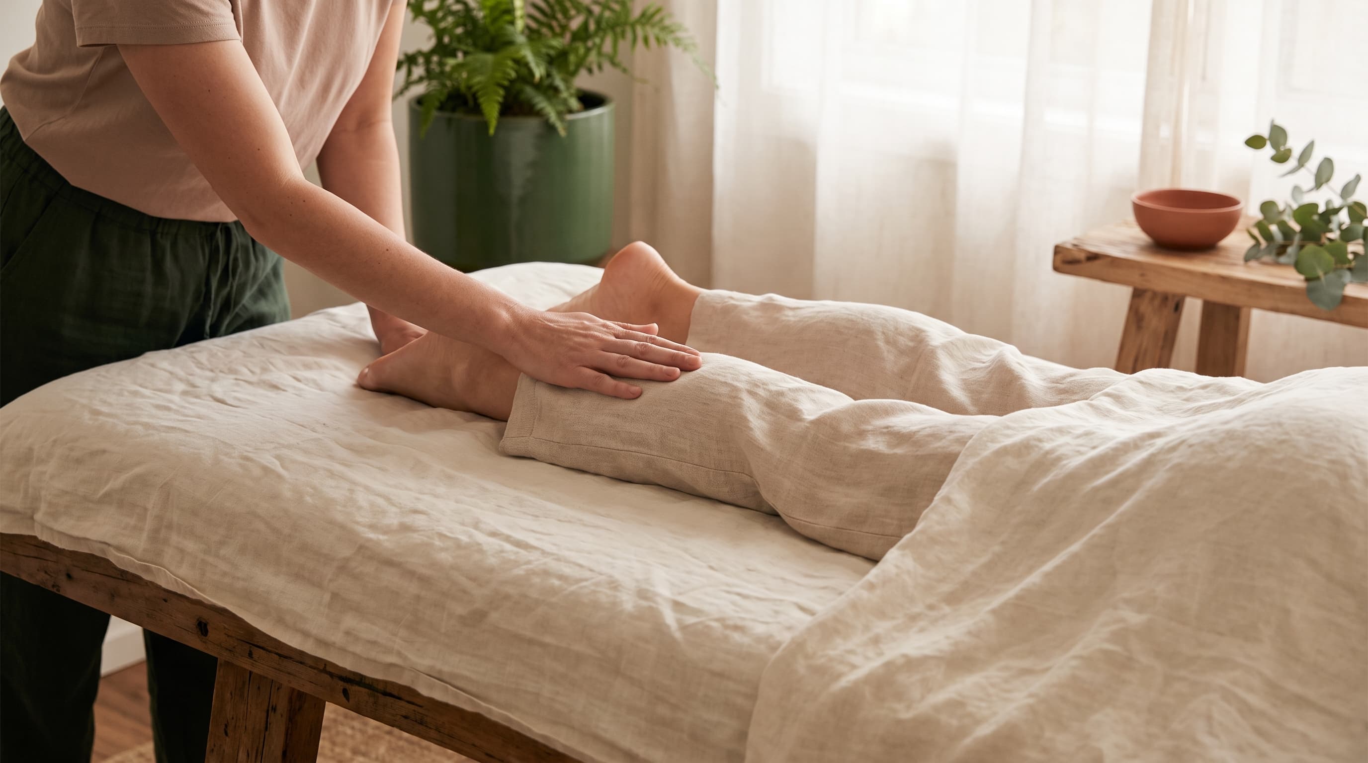 Therapist's flat hands gliding gently along a relaxed client's lower leg with long light strokes on a linen-draped massage table.