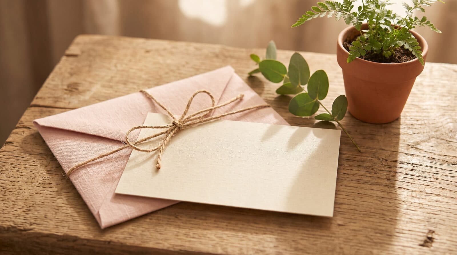 Fern & Soul massage gift voucher in Innaloo, a plain cream card on a blush envelope tied with twine on a raw timber table.