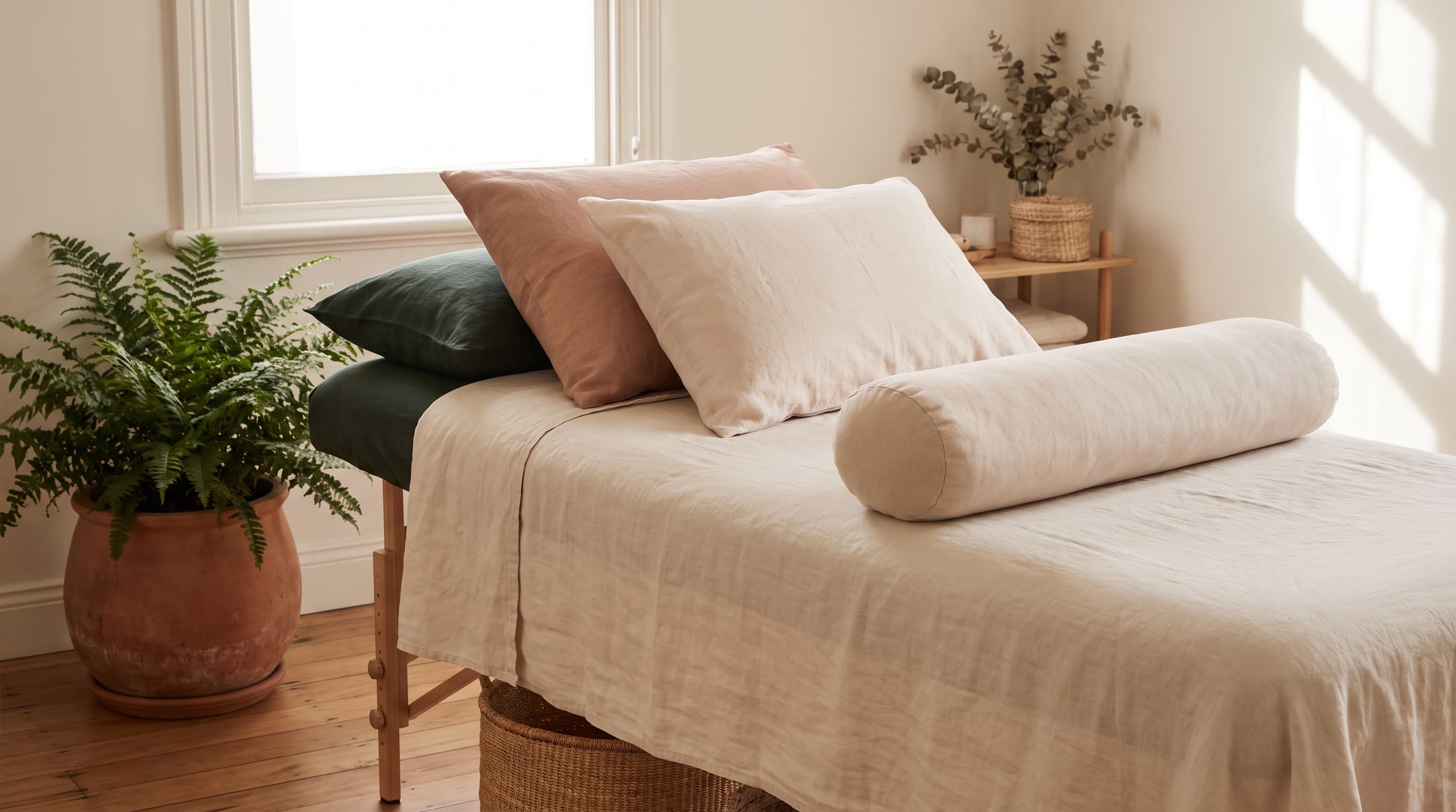 Fern & Soul pregnancy massage in Innaloo — a treatment table prepared with cream linen, supportive cushions and a bolster for side-lying comfort.