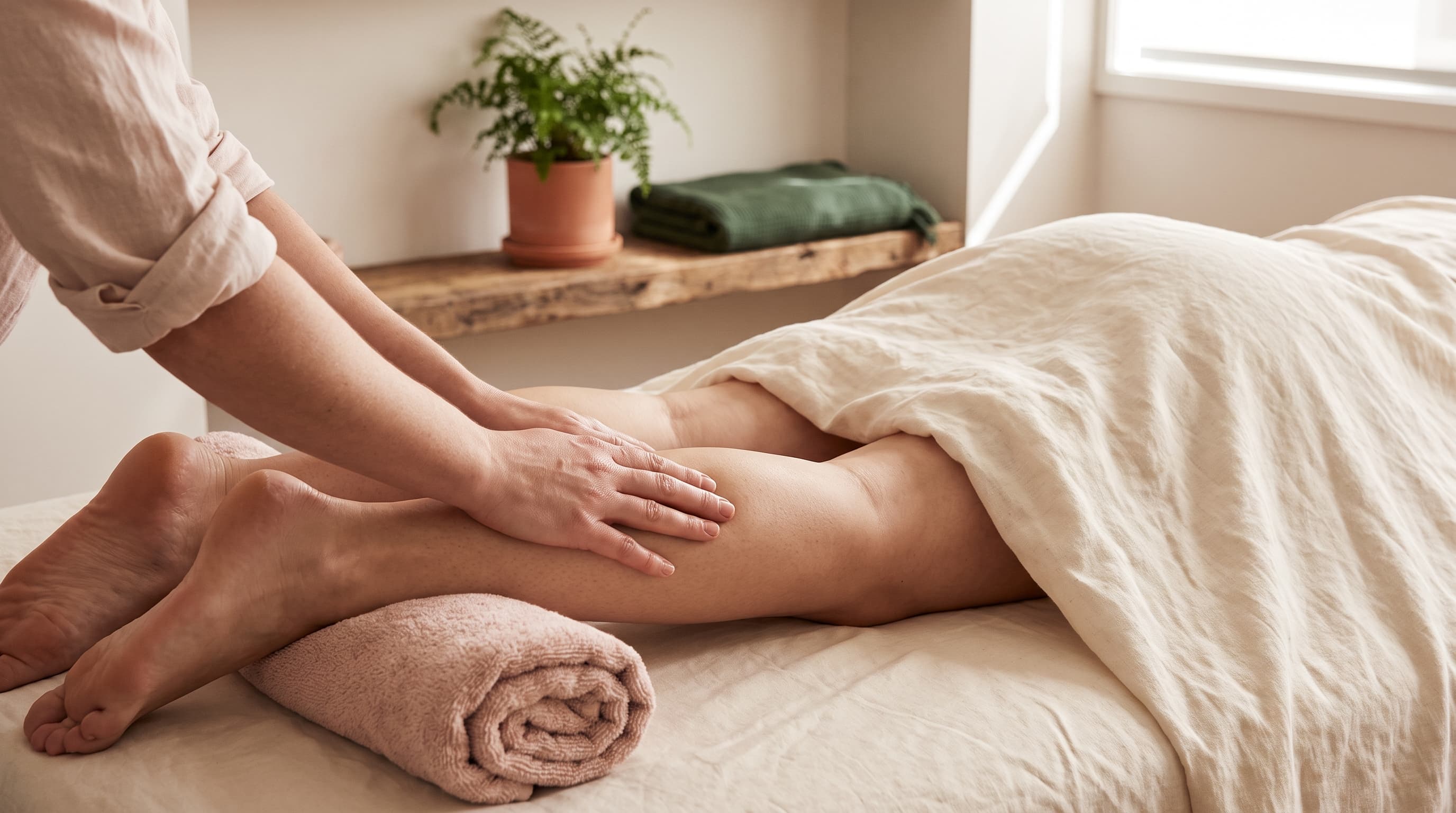 Fern & Soul sports massage in Innaloo — a therapist's hands working firmly along a relaxed client's calf and hamstring on cream linen.