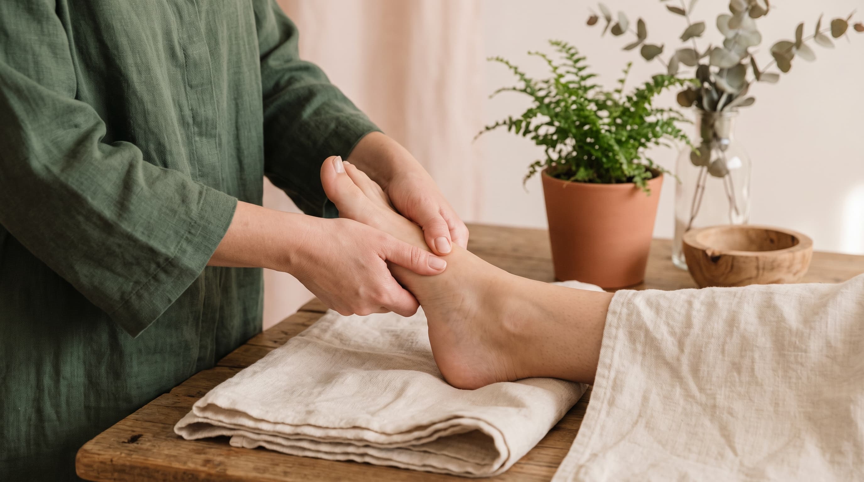 Therapist's hands applying gentle thumb pressure to the sole of a relaxed client's bare foot resting on a folded cream linen towel.