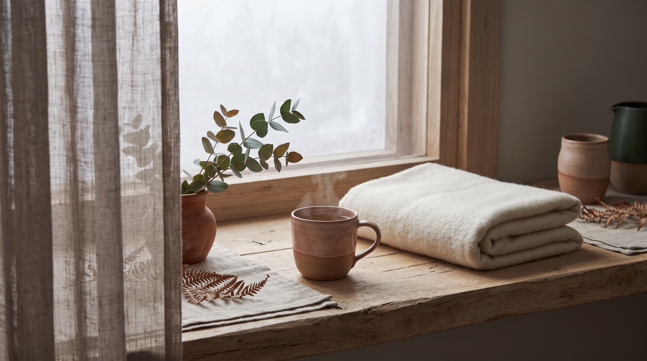 Fern & Soul winter wellness in Innaloo — a mug of tea, folded cream blanket and eucalyptus on warm timber by a softly lit window.