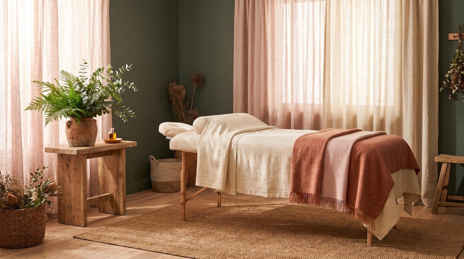 Fern & Soul treatment room in Innaloo prepared for a first massage, a table made up with cream linen and a terracotta throw.
