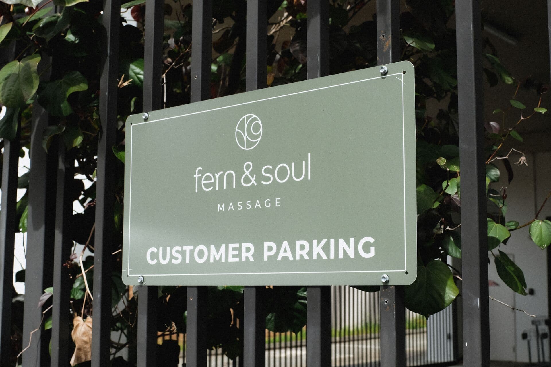Fern & Soul Customer Parking sign marking the reserved client bays at the massage studio in Innaloo.