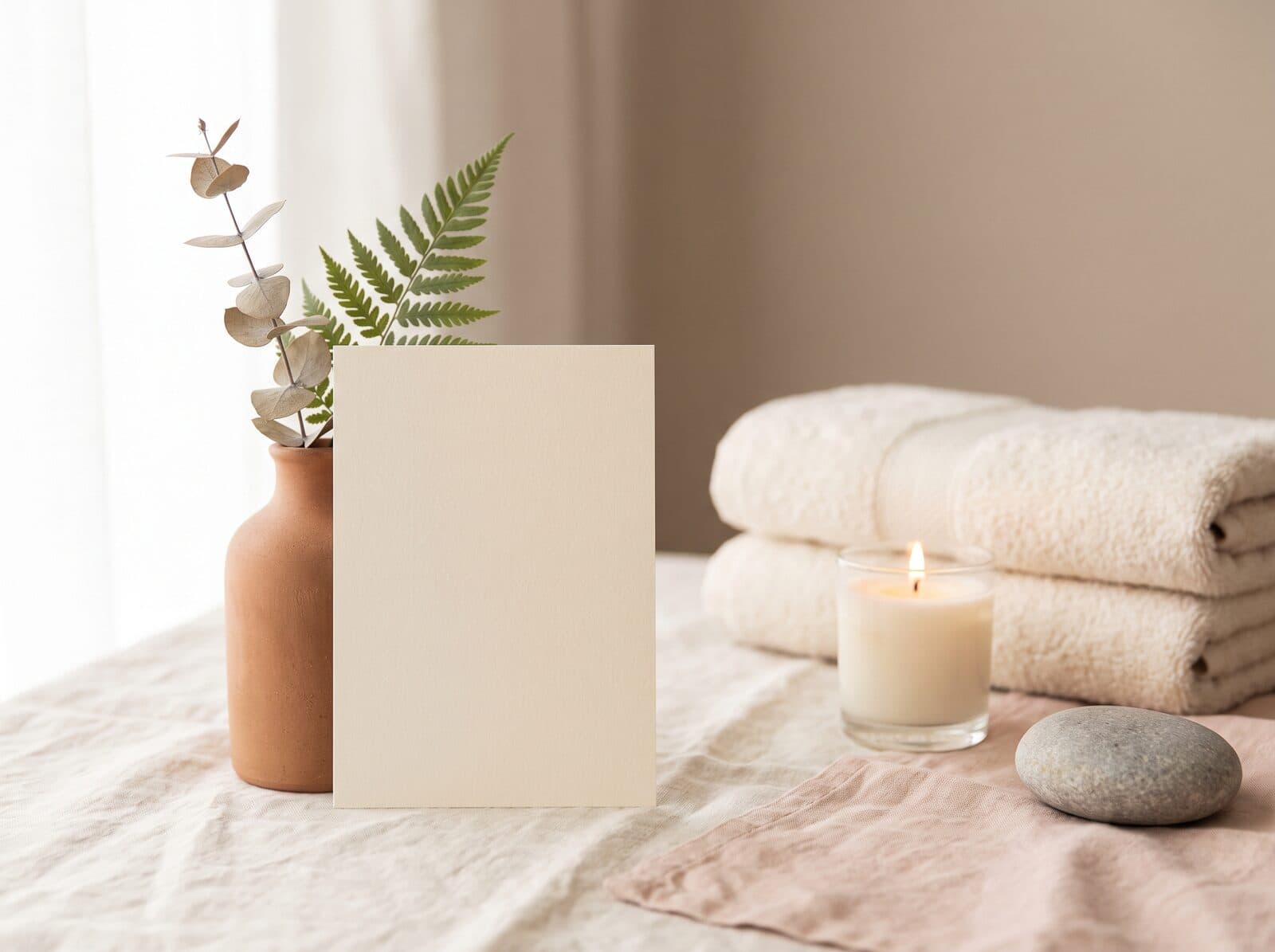 A Fern & Soul massage gift voucher card beside eucalyptus, a candle and folded towels in the calm Innaloo massage studio — a thoughtful gift for any occasion