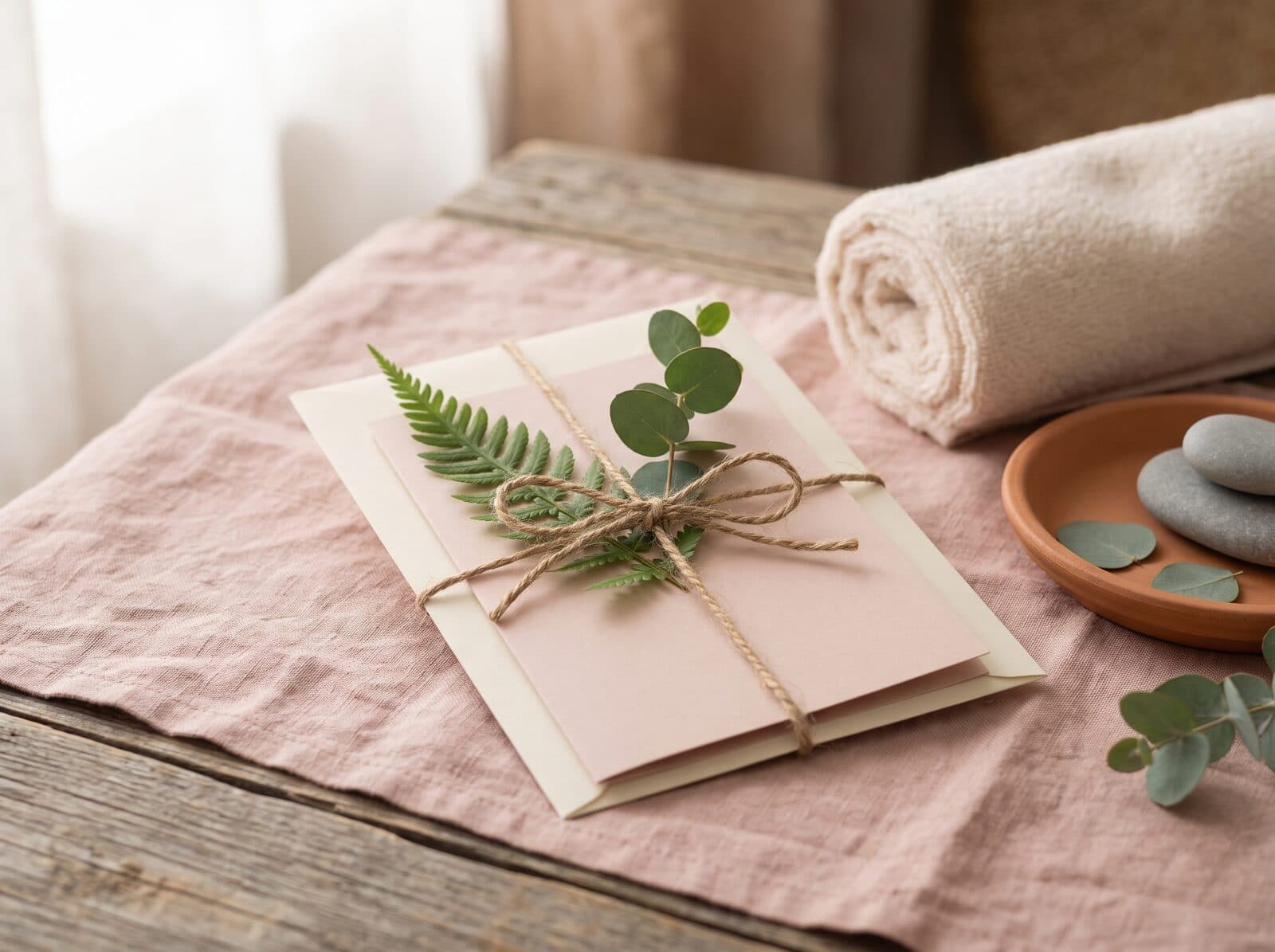 Fern & Soul massage gift voucher presented as a gift — a blush card tied with twine and a fern sprig, a thoughtful present for any occasion