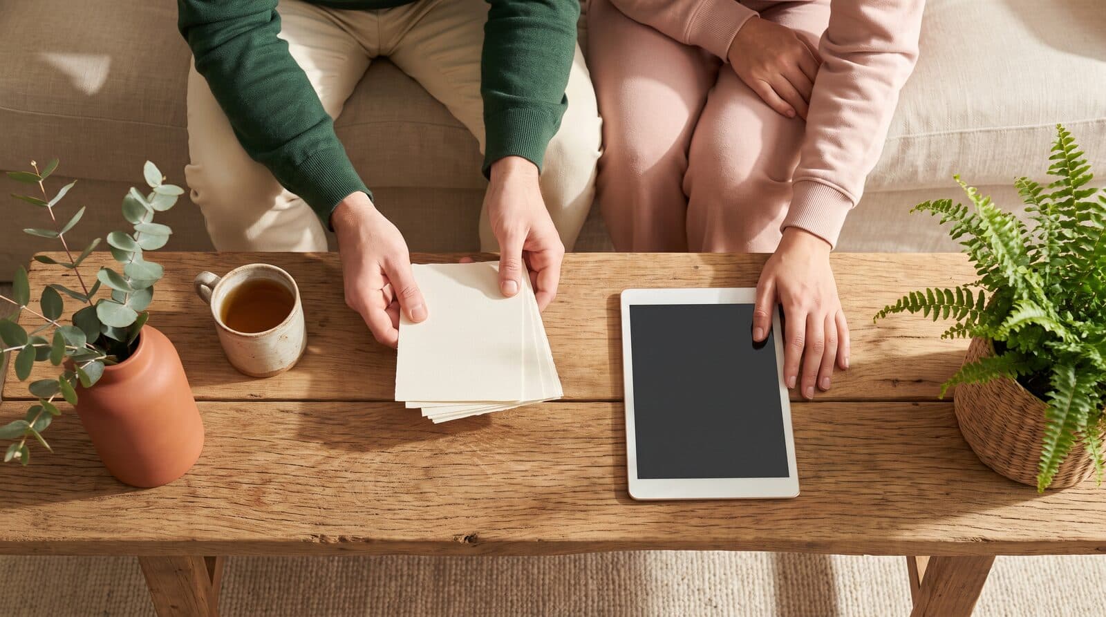 Fern & Soul remedial massage health fund rebates in Innaloo, two people at a timber coffee table going through paperwork and a tablet together over morning tea.