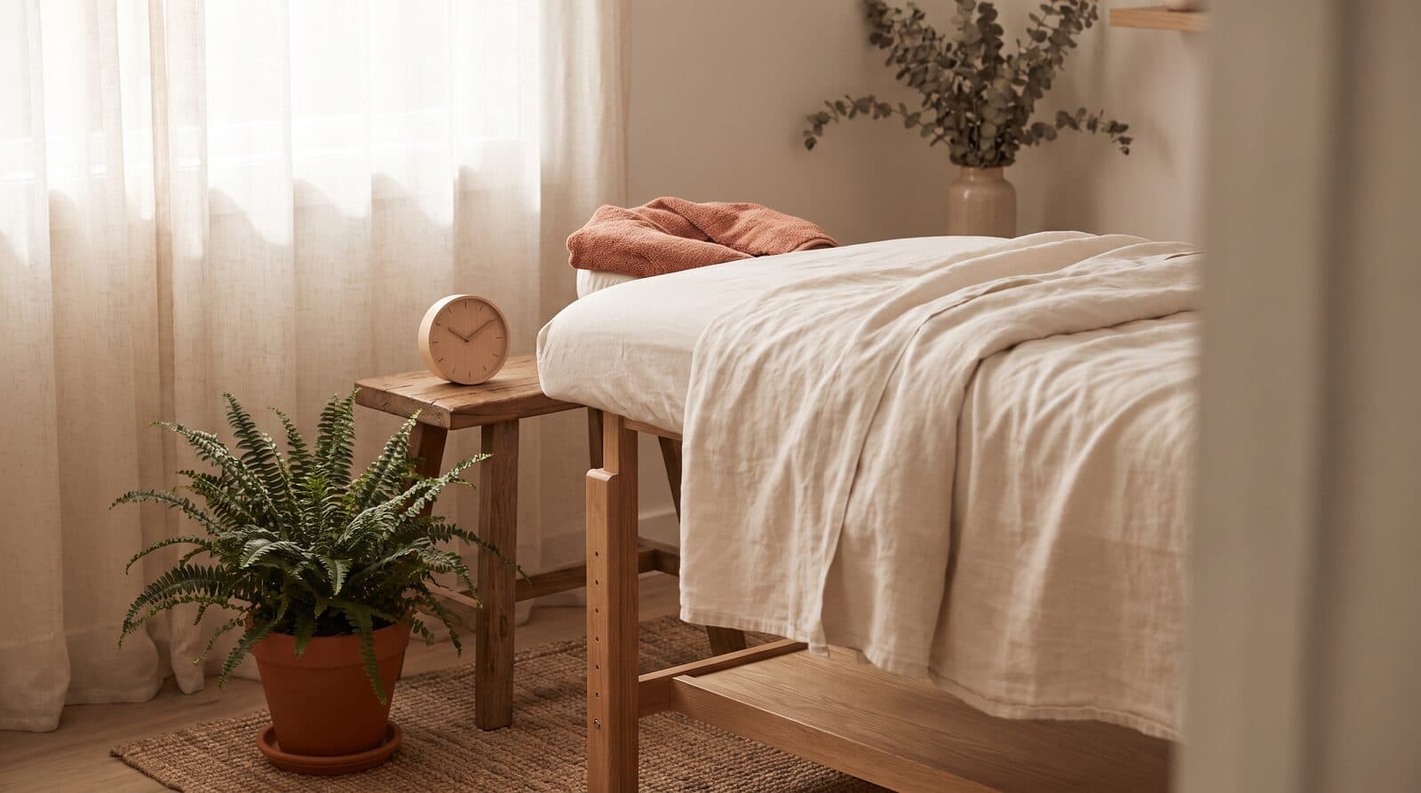 Fern & Soul massage studio in Innaloo, a treatment table made up with fresh cream linen beside a small timber clock.