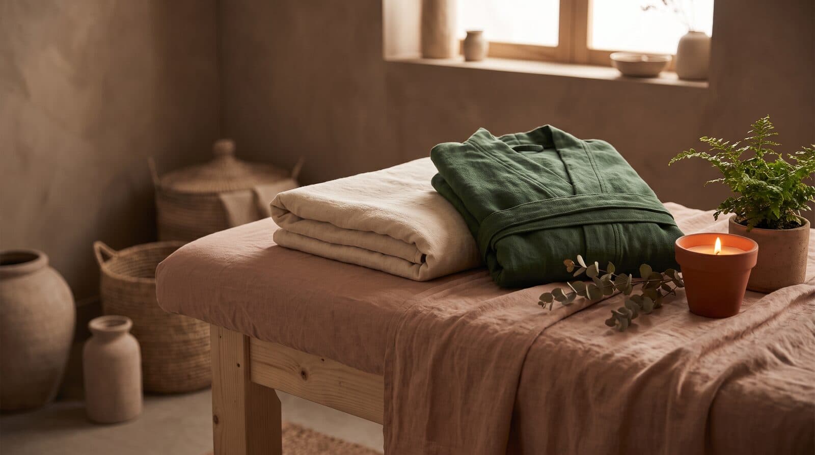 Fern & Soul massage studio in Innaloo, a folded cream towel and soft robe laid on a treatment table beside a low lamp.