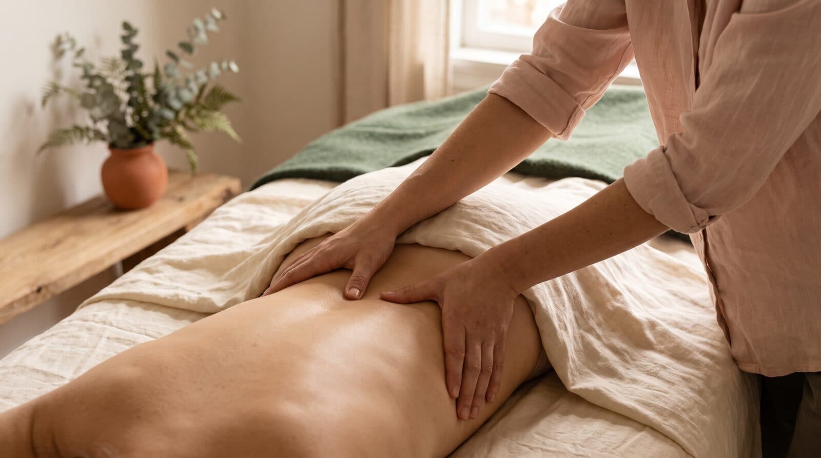 Fern & Soul massage for physical work in Innaloo, a therapist's hands working firmly along a relaxed client's lower back.
