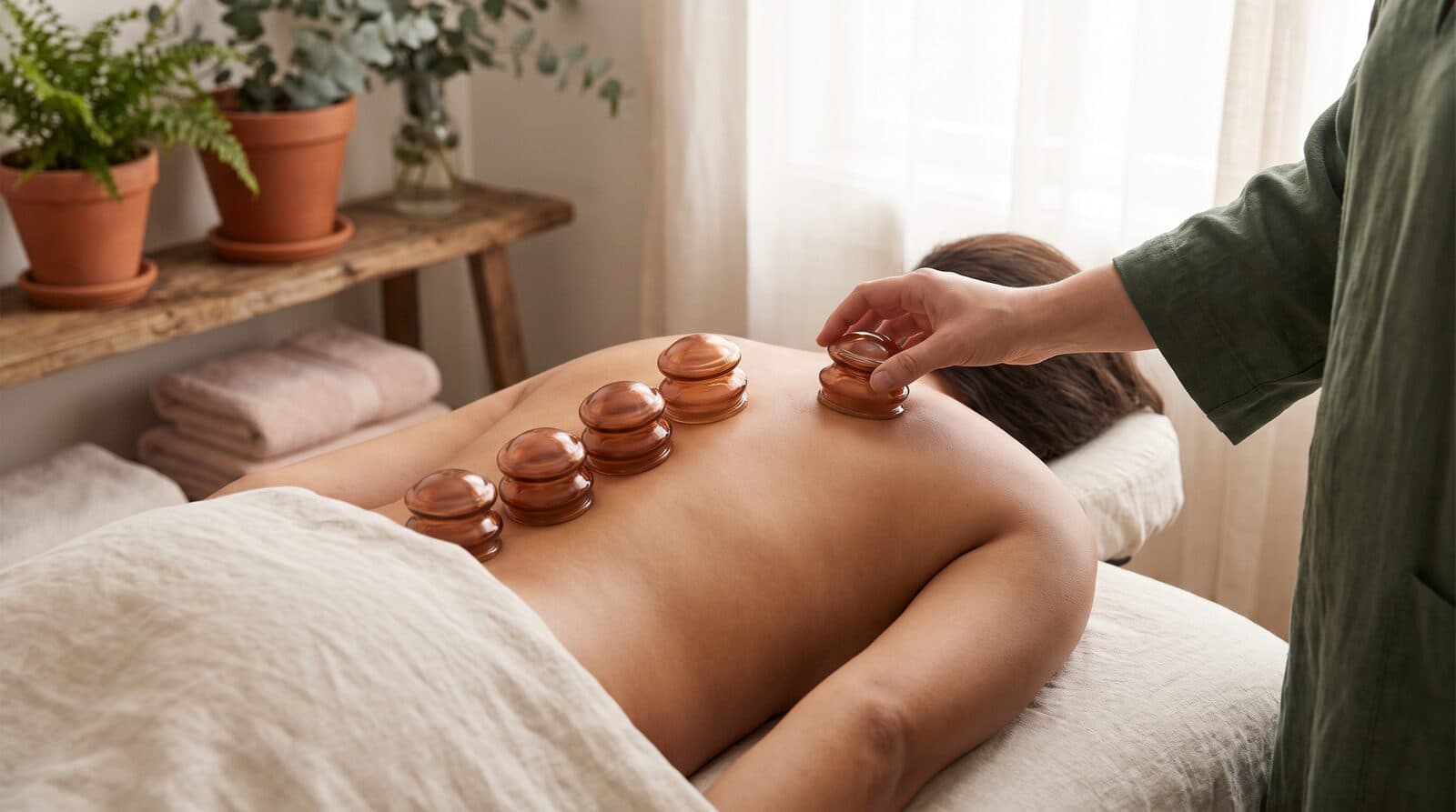 Fern & Soul myofascial cupping massage in Innaloo, amber suction cups resting along a relaxed client's back on cream linen.