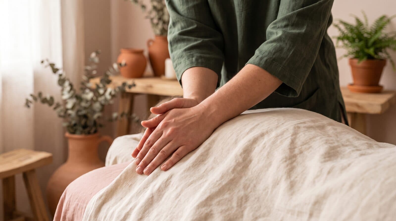 Fern & Soul massage studio in Innaloo, hands applying firm pressure through a draped shoulder in warm low light.