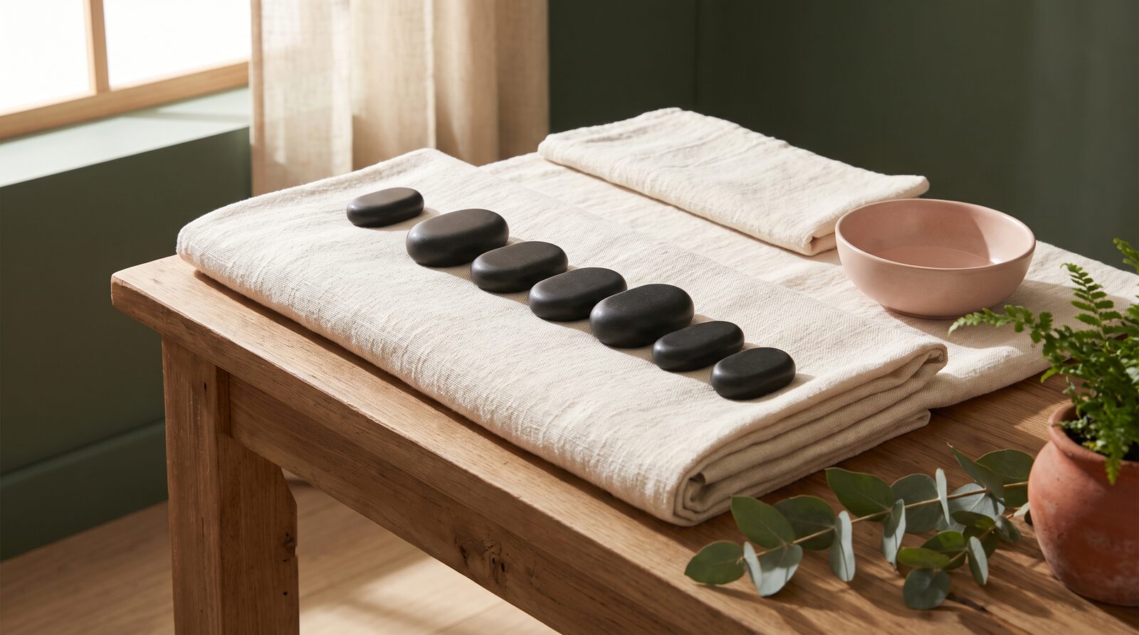 Fern & Soul relaxation massage in Innaloo, smooth warmed stones and folded cream linen resting on a treatment table in soft daylight.