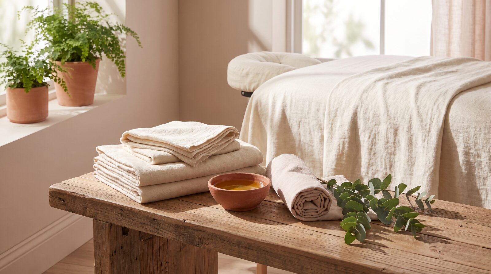 Fern & Soul massage studio in Innaloo, folded cream linen towels, a terracotta bowl of oil and eucalyptus on a timber bench.