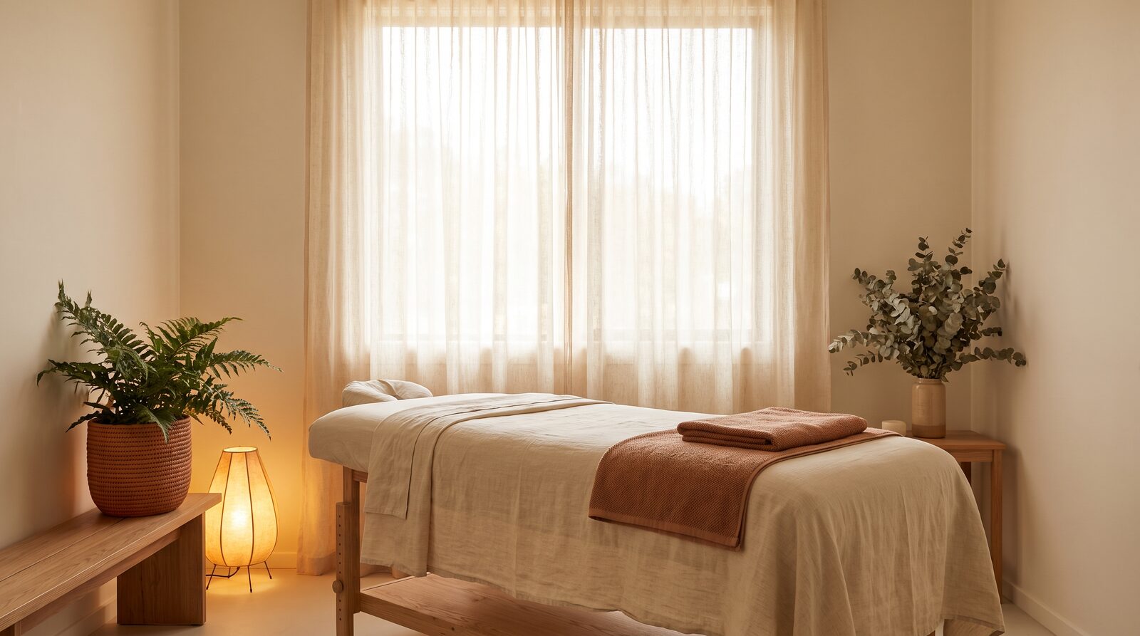 Fern & Soul massage studio in Innaloo, a treatment room made up with fresh cream linen and a folded terracotta towel in warm lamp light.