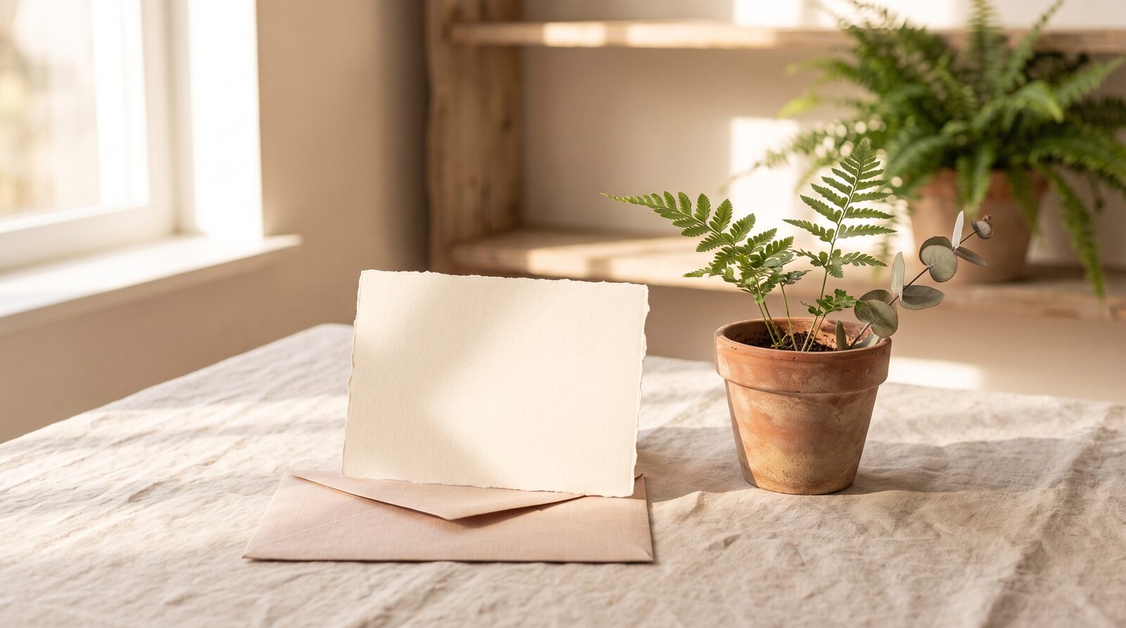 Fern & Soul Father's Day massage voucher in Innaloo, a blank cream card resting on a linen envelope beside a terracotta pot of fern.