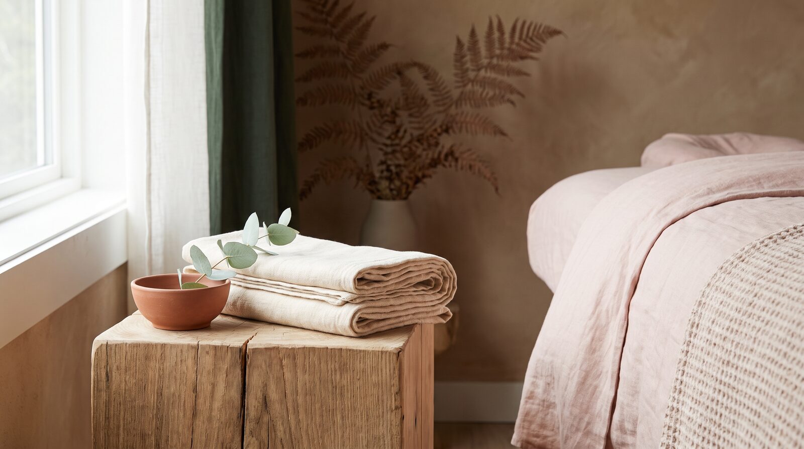 Fern & Soul lymphatic drainage facial studio in Innaloo, folded cream linen and a small terracotta bowl on a timber bench beside a treatment table