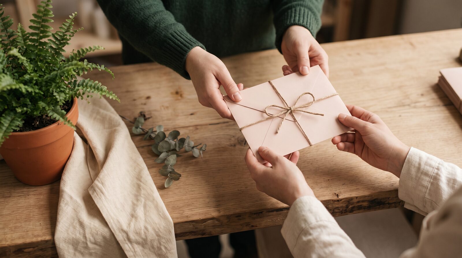 Fern & Soul gift voucher handover in Innaloo, hands passing a blush twine-tied envelope across a raw timber counter.