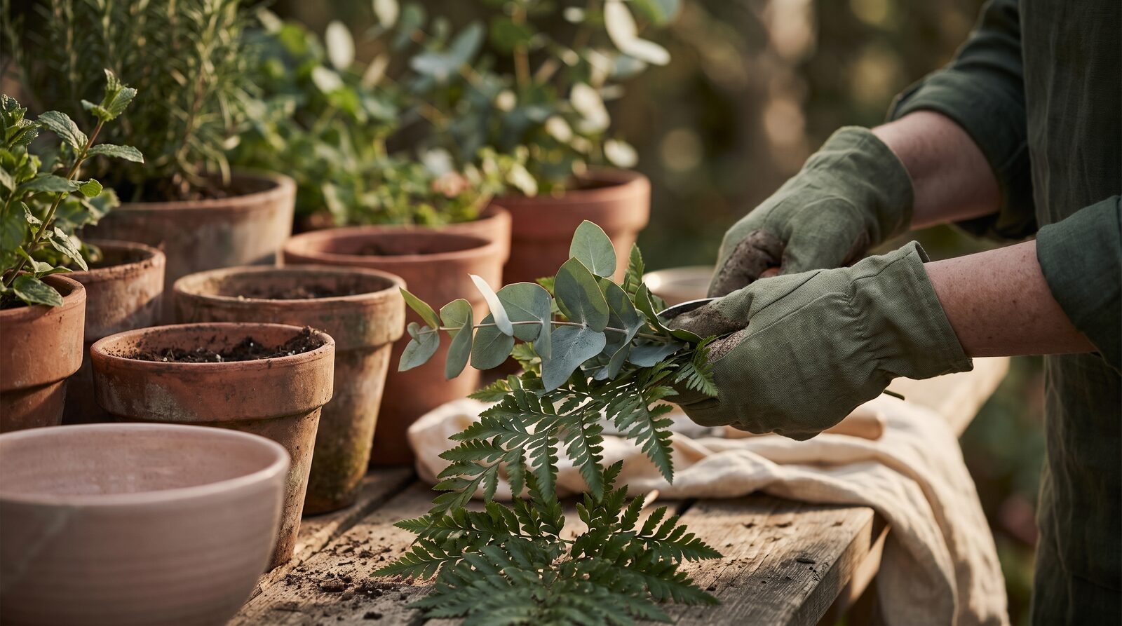 Fern & Soul massage studio in Innaloo, hands tending eucalyptus and fern greenery beside terracotta pots in warm natural light.