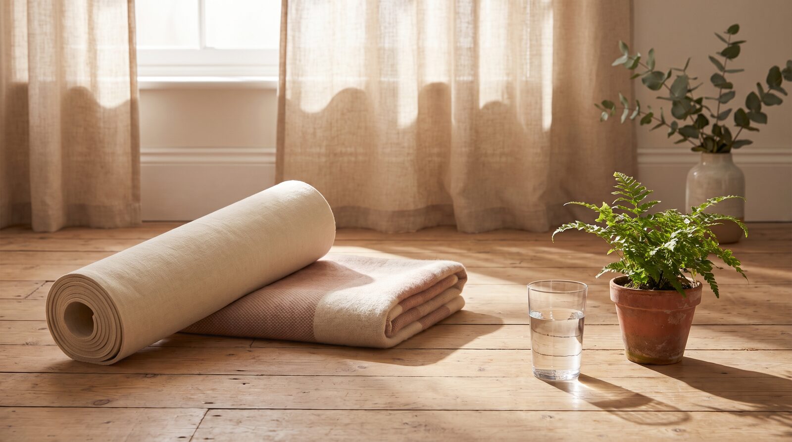 Fern & Soul home self-care in Innaloo, a rolled cream linen mat, folded blanket and glass of water on timber floorboards.