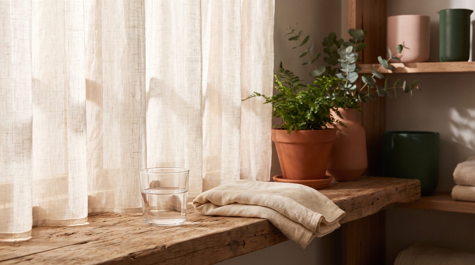 Fern & Soul massage studio in Innaloo, a glass of water and a folded cream towel resting on a windowsill in soft afternoon light.